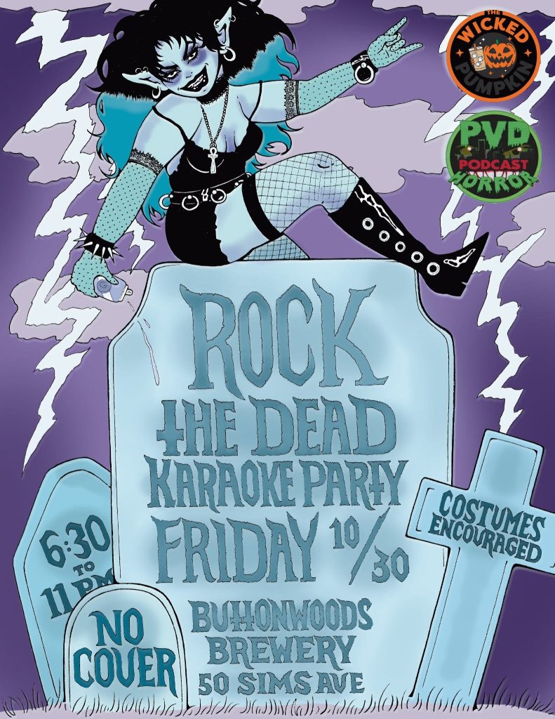 A cartoon character with blue hair poses on a gravestone, promoting a karaoke party at Buhonwoods Brewery.
