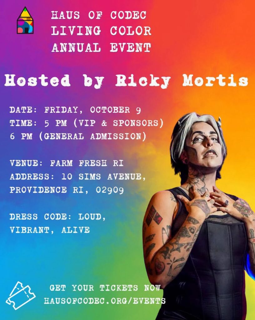 Event flyer for "Haus of Codec Living Color Annual Event," hosted by Ricky Mortis. Details include date, time, venue, and dress code.