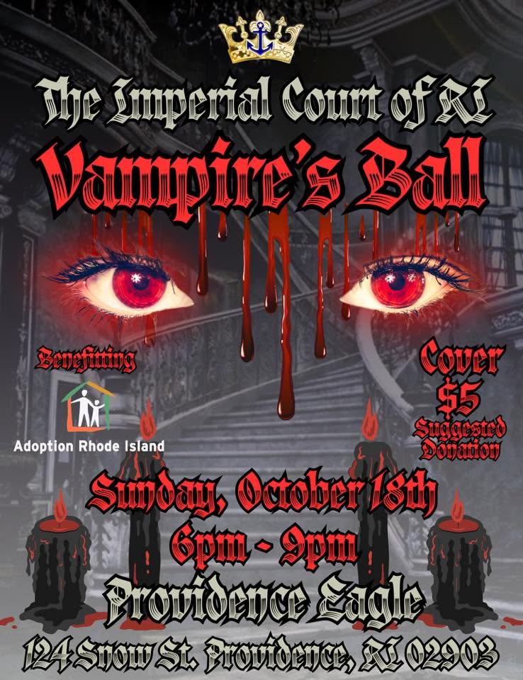 Promotional poster for the Vampire's Ball, featuring event details and a spooky design with candles and blood.