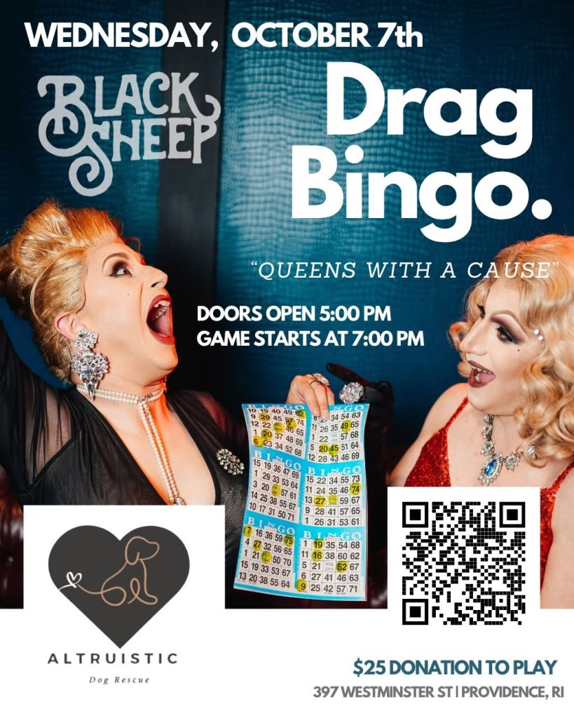 Two drag performers hold bingo cards at a fundraising event for Altruistic Dog Rescue. Event details are included.