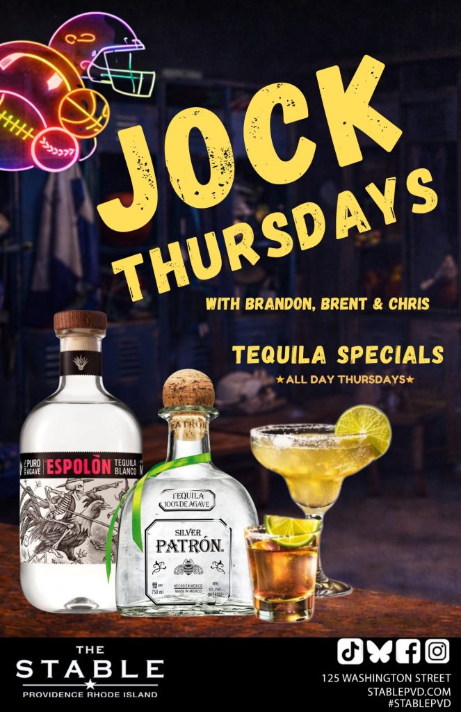 Promotional poster for Jock Thursdays featuring tequila specials, drinks, and event details.