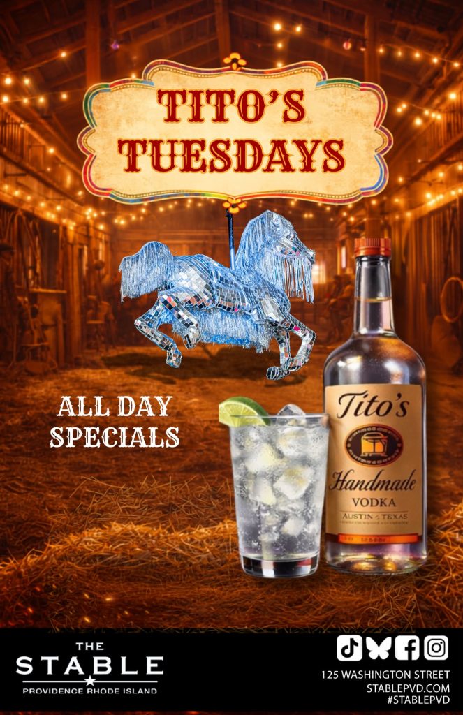 Sign for "Tito's Tuesdays" with a disco horse and a Tito's vodka bottle next to a cocktail with lime.
