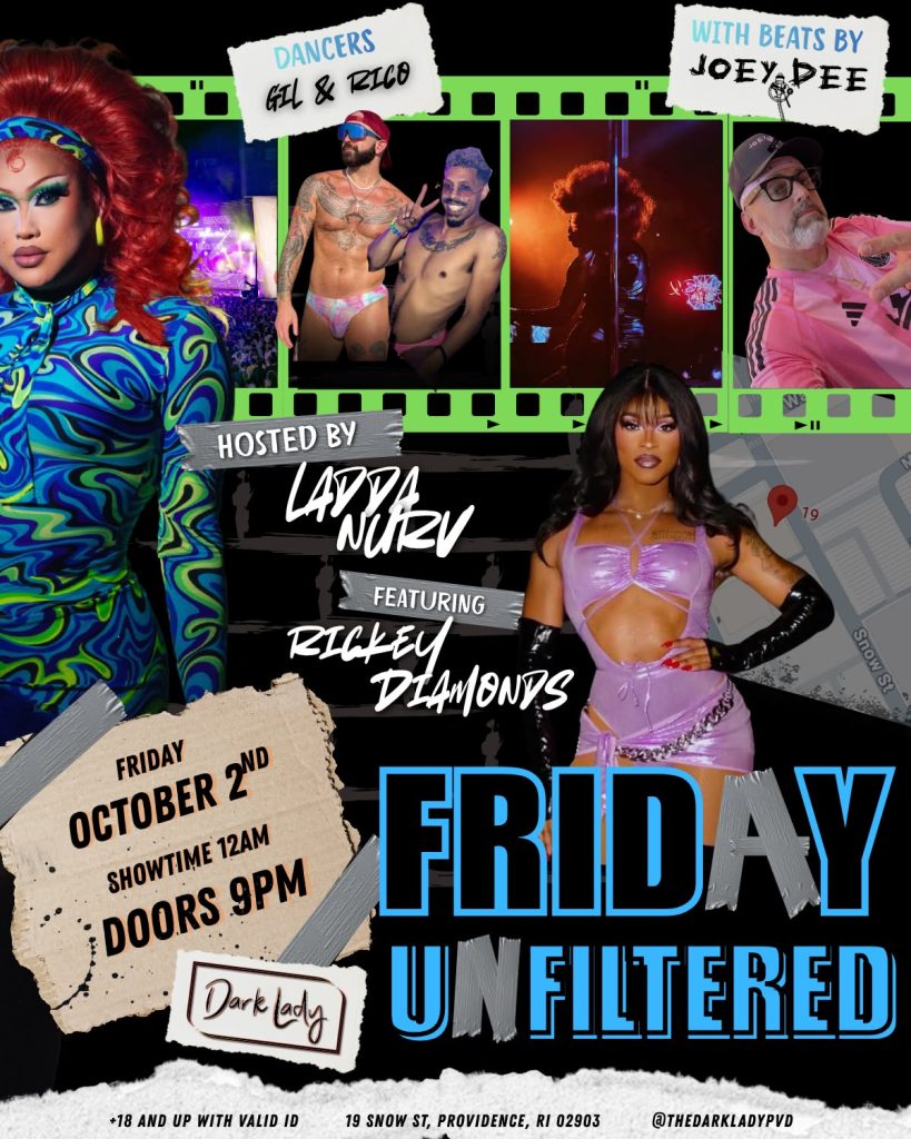 Drag performers host an event featuring dancers, music, and show details for October 2nd at Dark Lady.