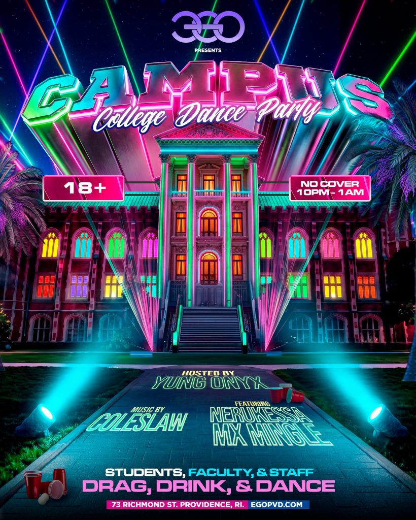Colorful poster for a college dance party featuring event details, hosts, and performers. 18+ event, no cover charge.