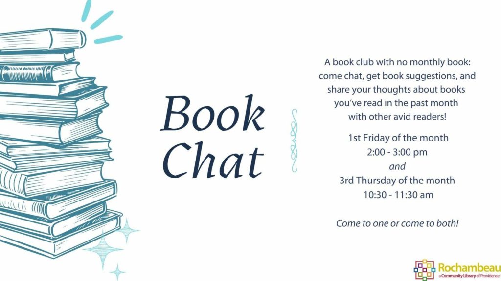 Book chat flyer featuring stacked books and event details for a community book club.