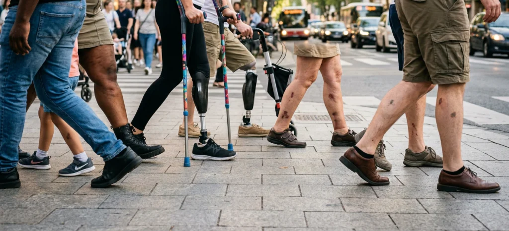 A diverse group of people walk across a city crosswalk, some using mobility aids.