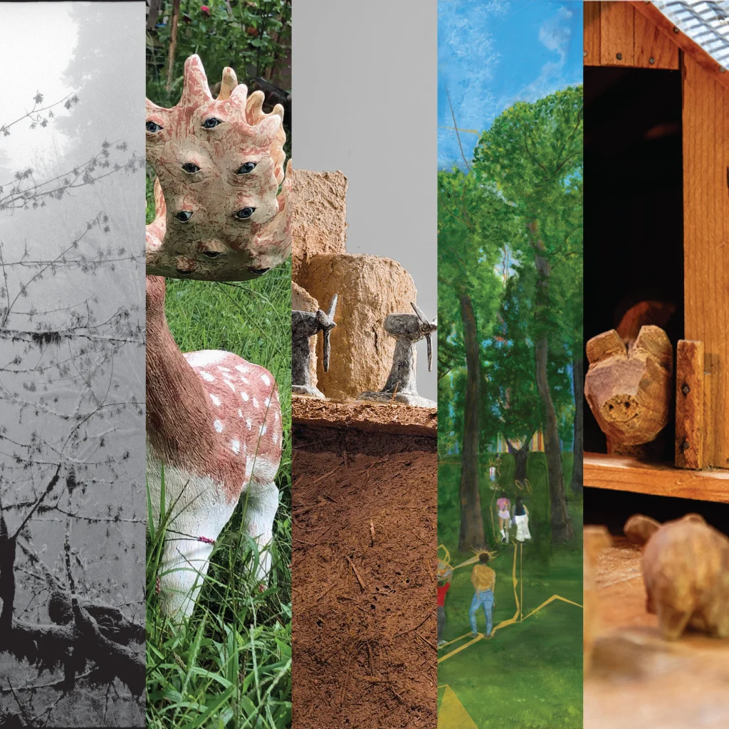 Black-and-white tree branches, a colorful deer sculpture, clay figures, a forest scene, and wooden animal figures.