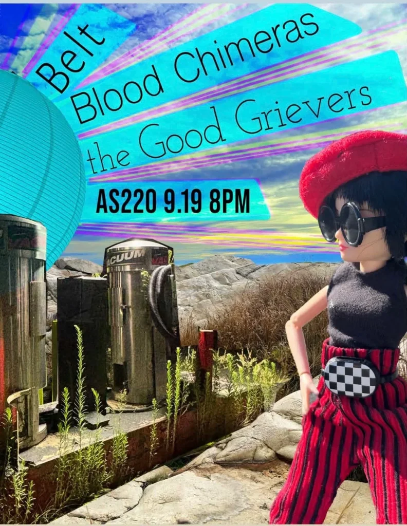 A doll in a red beret and striped pants stands near metallic objects in a rocky landscape. Event details are displayed.
