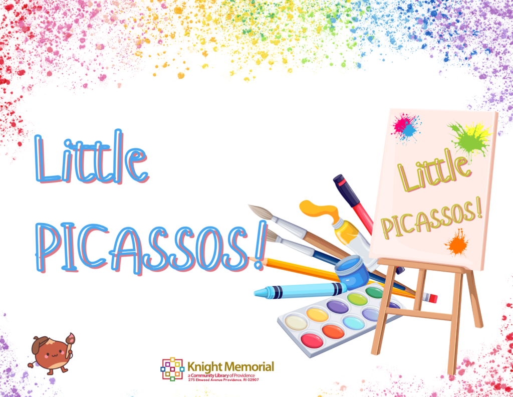 Colorful flyer promoting "Little Picassos!" with art supplies and a playful character holding a paintbrush.