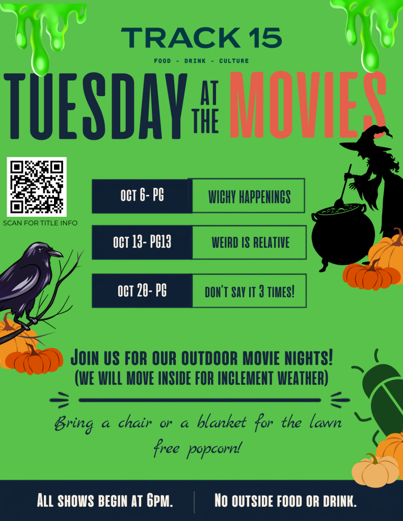 Promotional flyer for outdoor movie nights with dates, titles, and popcorn offer. Bring a chair or blanket.