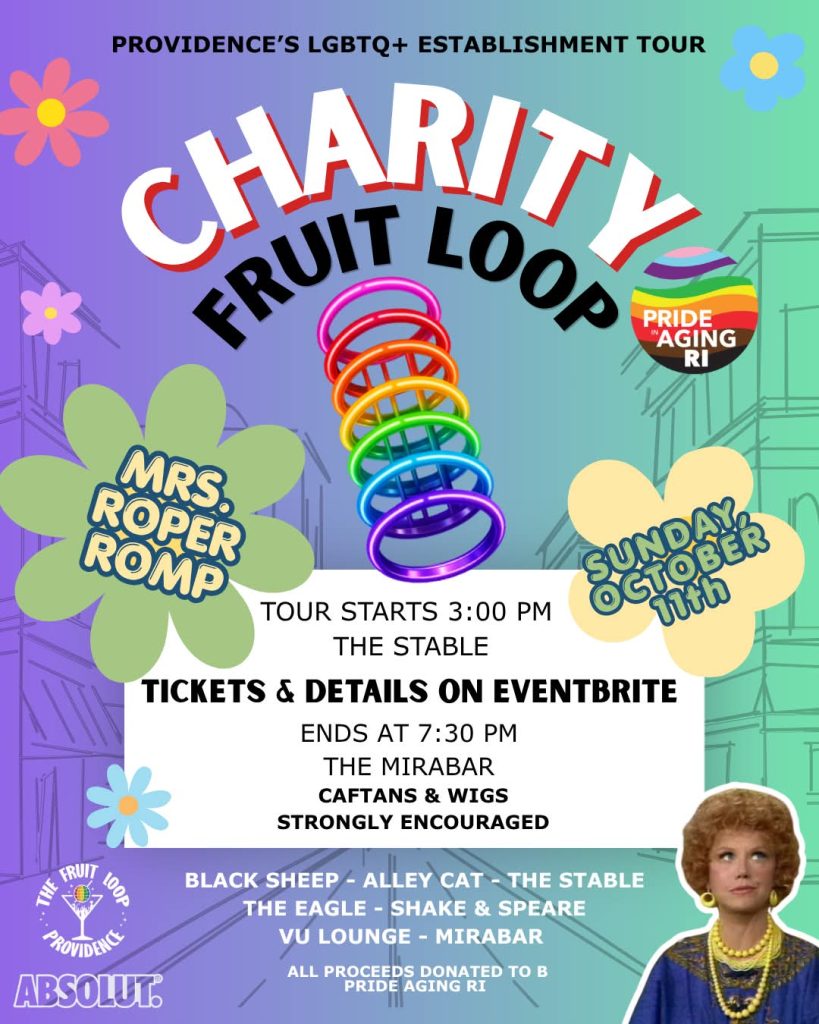 Promotional poster for a charity LGBTQ+ tour featuring Mrs. Roper Romp, with event details and dress suggestions.