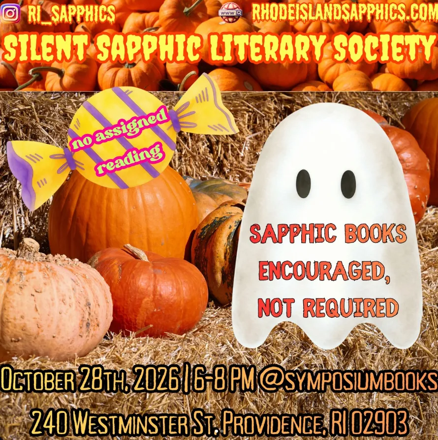 Promotional graphic for Silent Sapphic Literary Society event with pumpkins and candy, encouraging sapphic book reading.
