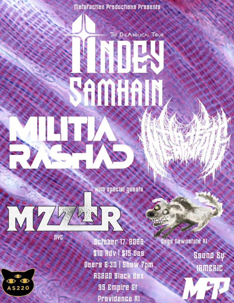 Concert poster for "The DieAbolical Tour" featuring bands Indey Samhain, Militia Rashad, and MZZLR. Event details included.
