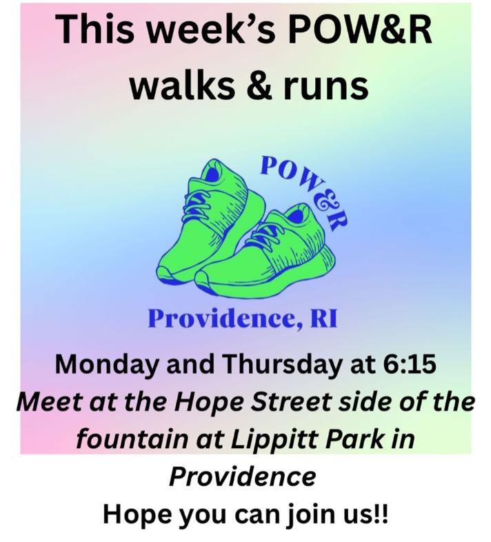 Announcement for POW&R walks and runs in Providence, meeting at Lippitt Park fountain on Mondays and Thursdays at 6:15 PM.