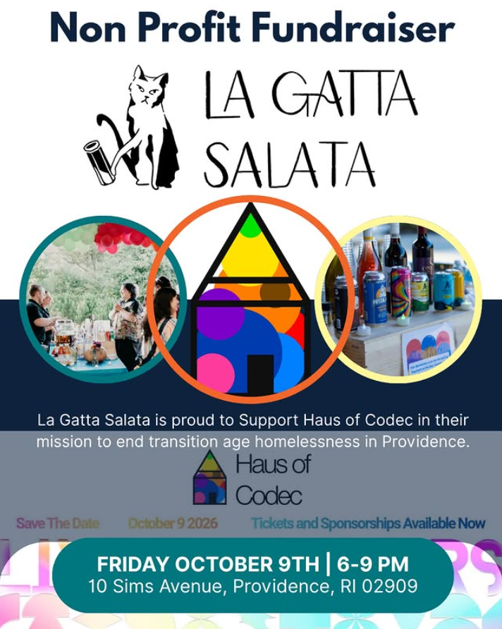 Fundraiser announcement for La Gatta Salata supporting Haus of Codec, details on date, time, and location included.