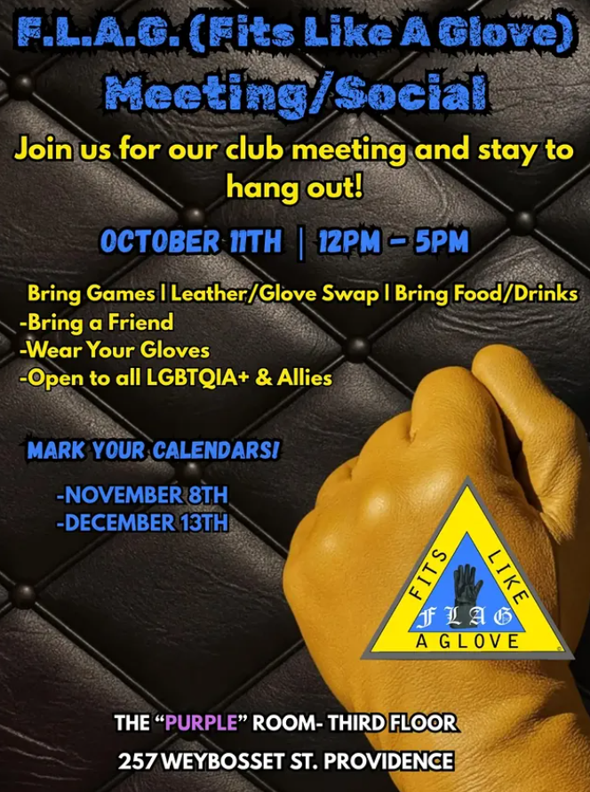 Club meeting announcement for F.L.A.G. on October 11th, inviting LGBTQIA+ and allies to join activities and socialize.