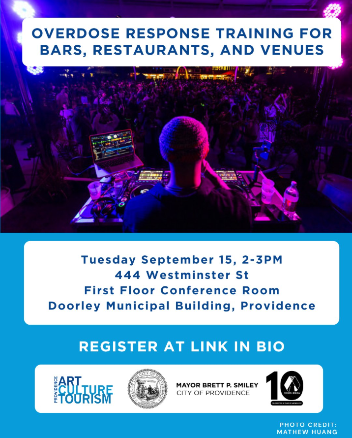 Event flyer for overdose response training, featuring a DJ, crowd, and event details.