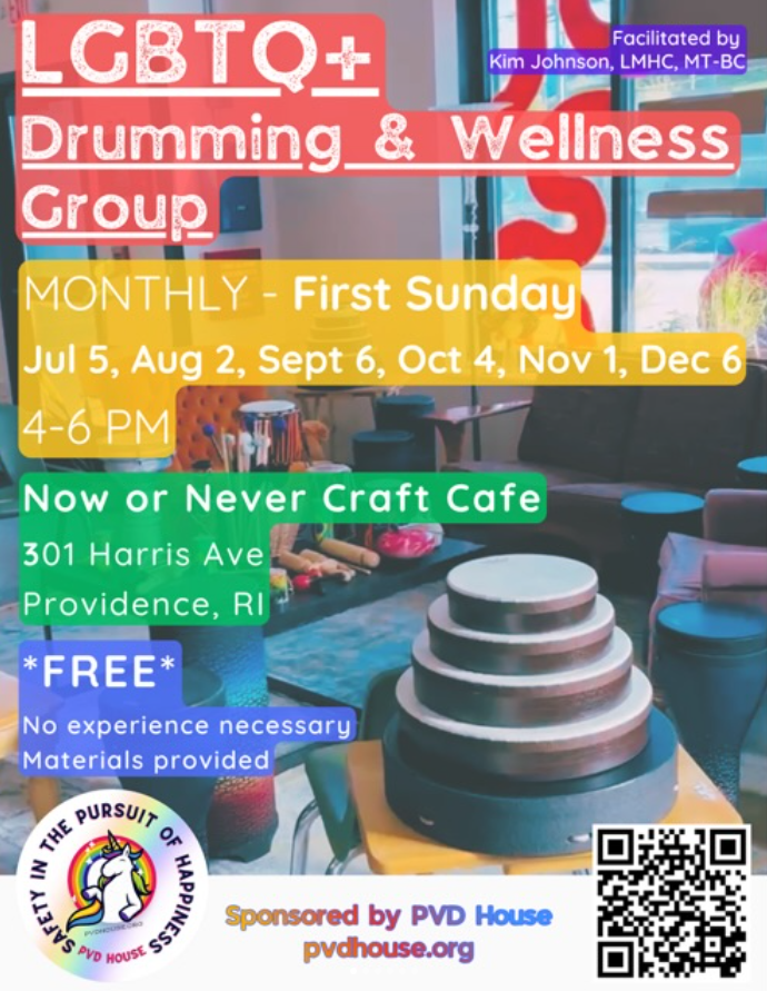 LGBTQ+ drumming and wellness group details, including date, time, location, and free participation.