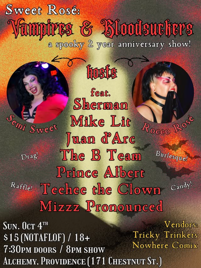 Event poster for "Sweet Rosé: Vampires & Bloodsuckers" featuring hosts Semi Sweet and Rocco Rosé, with various performers listed.