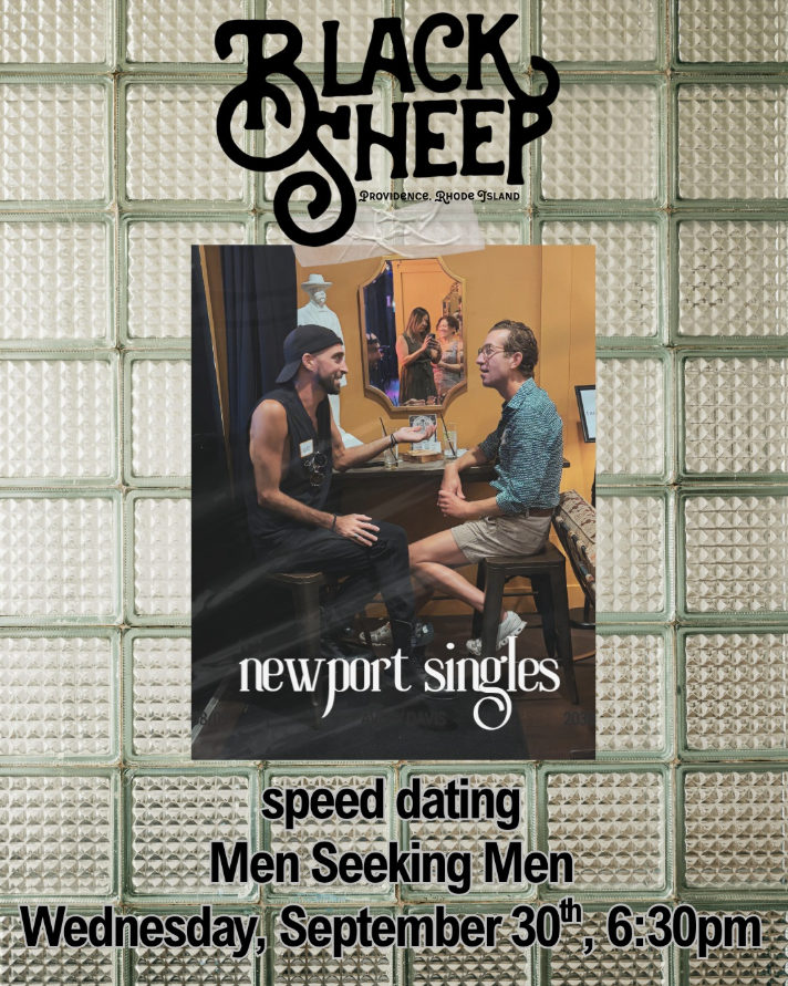 Two men engage in conversation at a speed dating event for men seeking men. Event details are displayed.