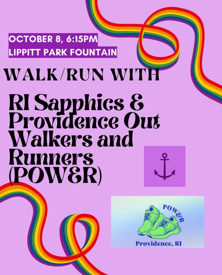 Event announcement for a walk/run with RI Sapphics and POWER at Lippitt Park Fountain on October 8.