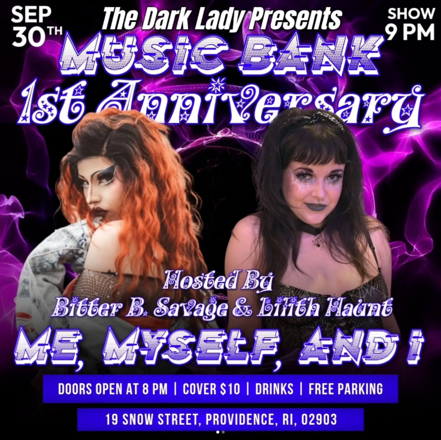 Two drag performers, Bitter B. Savage and Lilith Haunt, promote a music event titled "Music Bank 1st Anniversary.