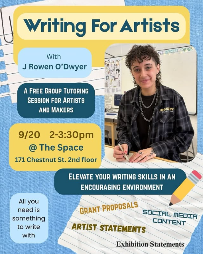 A person with curly hair sits at a table, promoting a writing tutoring session for artists.