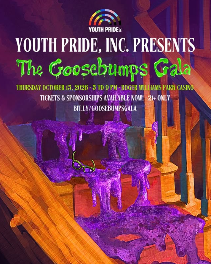 Promotional graphic for Youth Pride's Goosebumps Gala, featuring dripping purple decorations and green glasses.