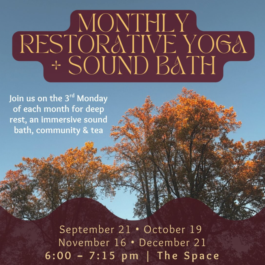 Promotional graphic for monthly restorative yoga and sound bath event, featuring autumn trees and event details.