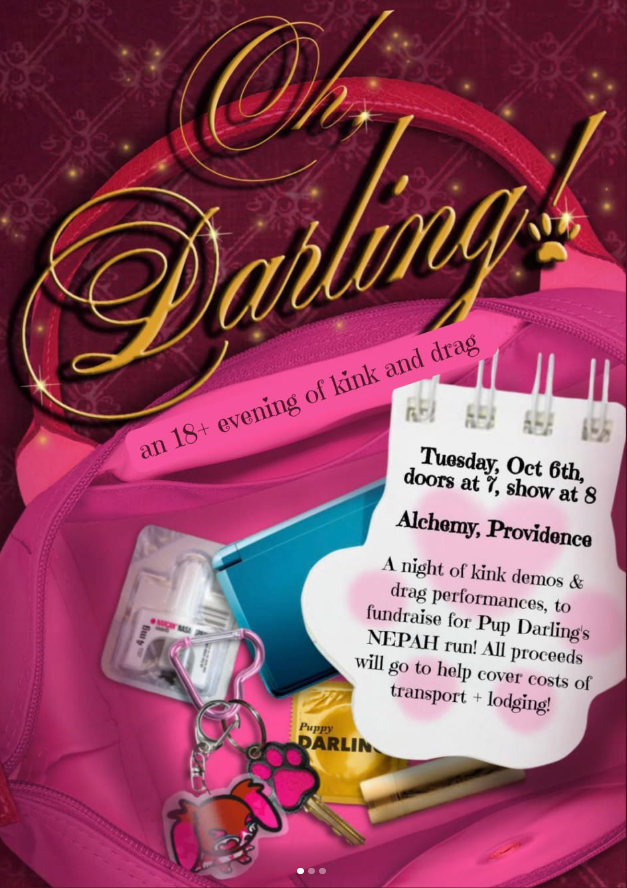 Event flyer for "Oh Darling!" featuring a pink bag, kink items, and details about an 18+ drag show fundraiser.