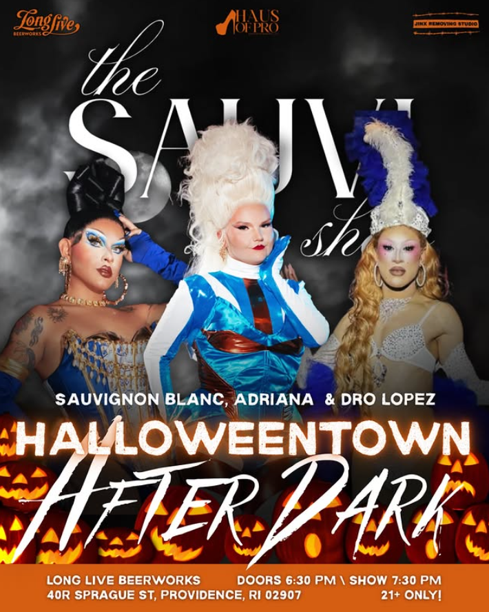 Three drag performers in vibrant costumes pose against a dark background with pumpkins, promoting a Halloween event.