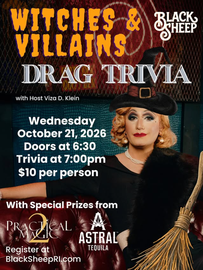 A drag performer in a witch costume hosts trivia night at Black Sheep, featuring special prizes.
