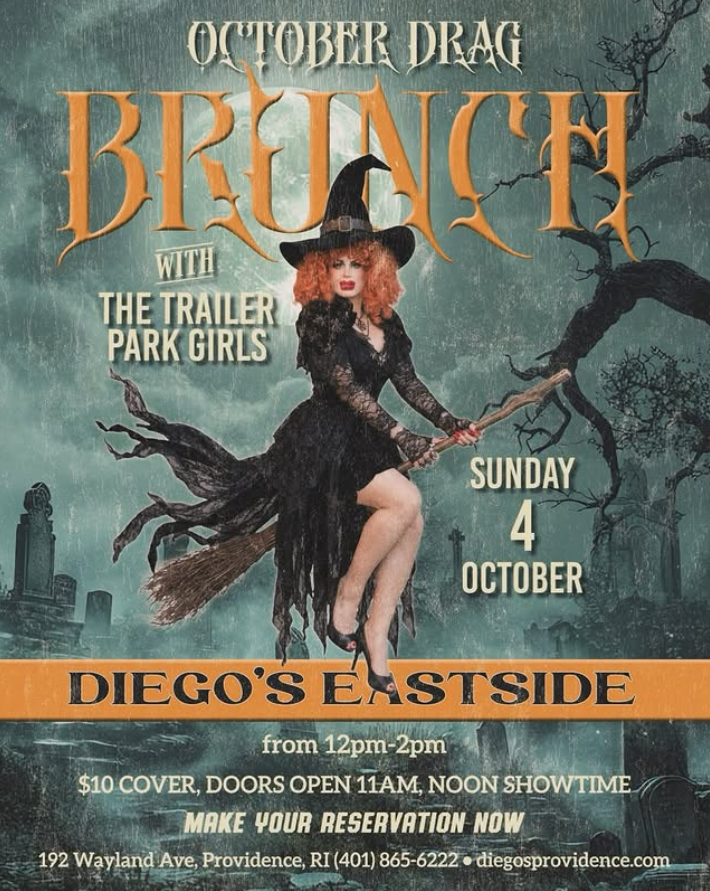 A drag brunch event featuring a performer in a witch costume, with details about date, time, and location.