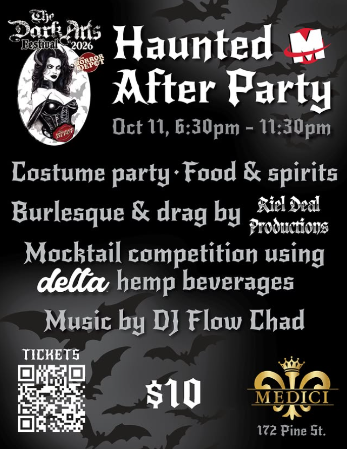 Promotional poster for a Halloween after party featuring burlesque, drag, mocktail competition, and music.