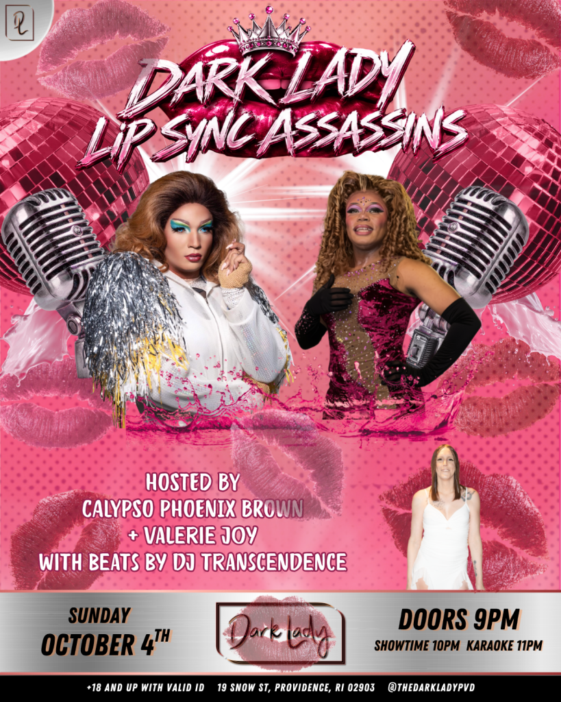 Two drag performers, Calypso Phoenix Brown and Valerie Joy, promote a lip sync event with a microphone and disco ball.