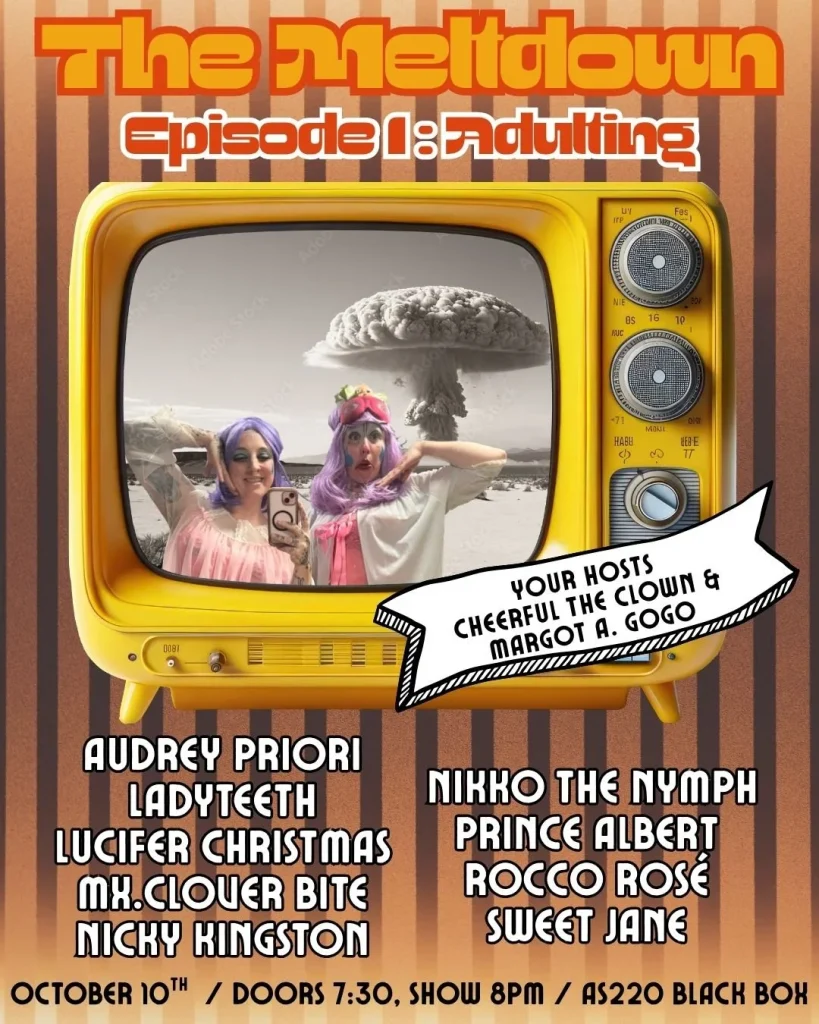 Two hosts, Cheerful the Clown and Margot A. Gogo, pose in colorful outfits with a mushroom cloud backdrop.