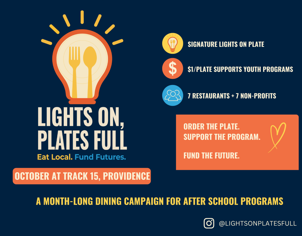 Promotional graphic for "Lights On, Plates Full" dining campaign supporting youth programs in Providence.