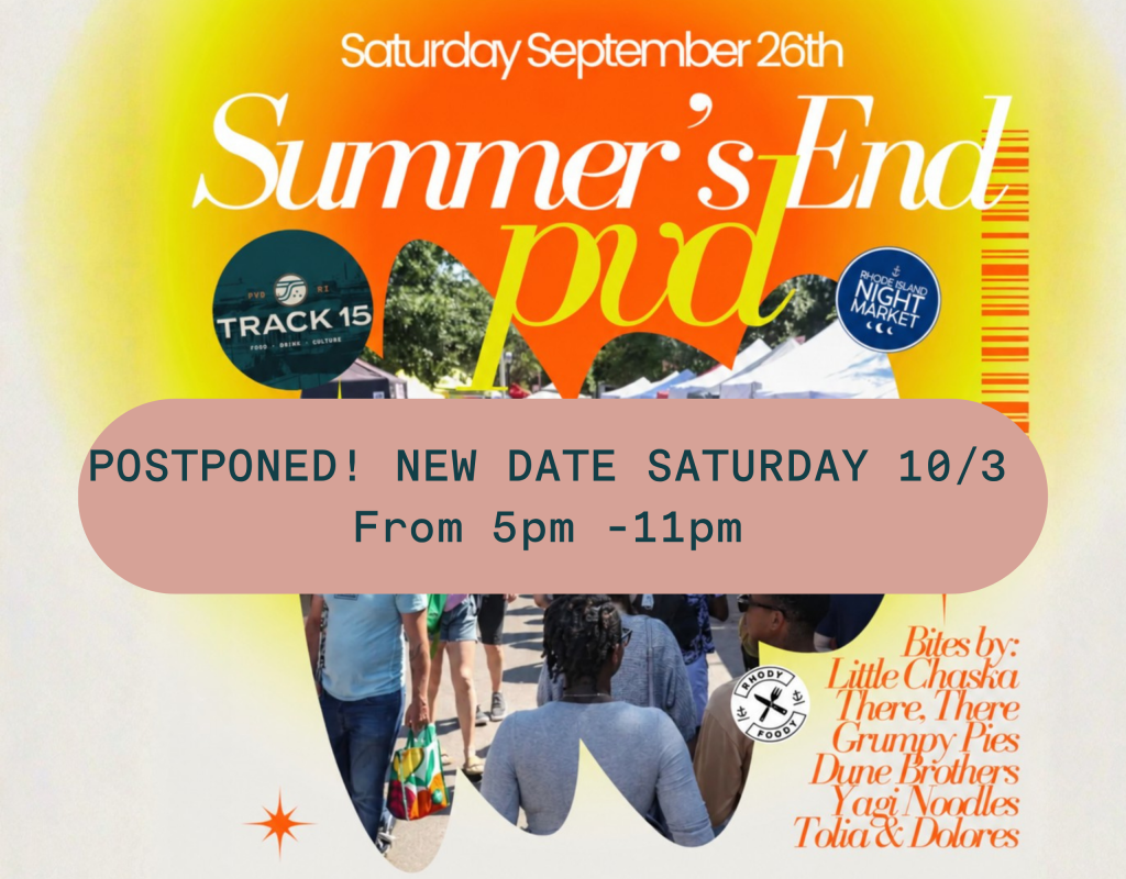 Crowd at an outdoor event with food vendors; date postponed to October 3rd, 5 PM to 11 PM.