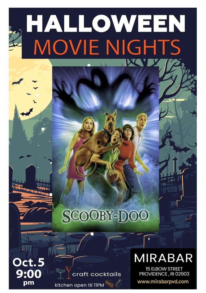Halloween movie night poster featuring "Scooby-Doo" with characters in a spooky setting. Event details included.