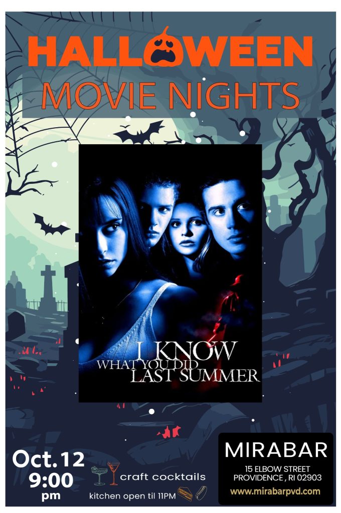 Halloween movie night poster featuring "I Know What You Did Last Summer," with event details and spooky background.