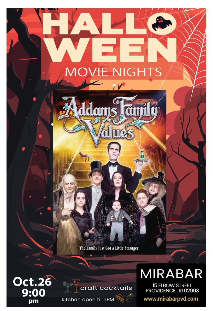 Halloween movie night poster features "Addams Family Values" with characters in spooky attire. Event details included.