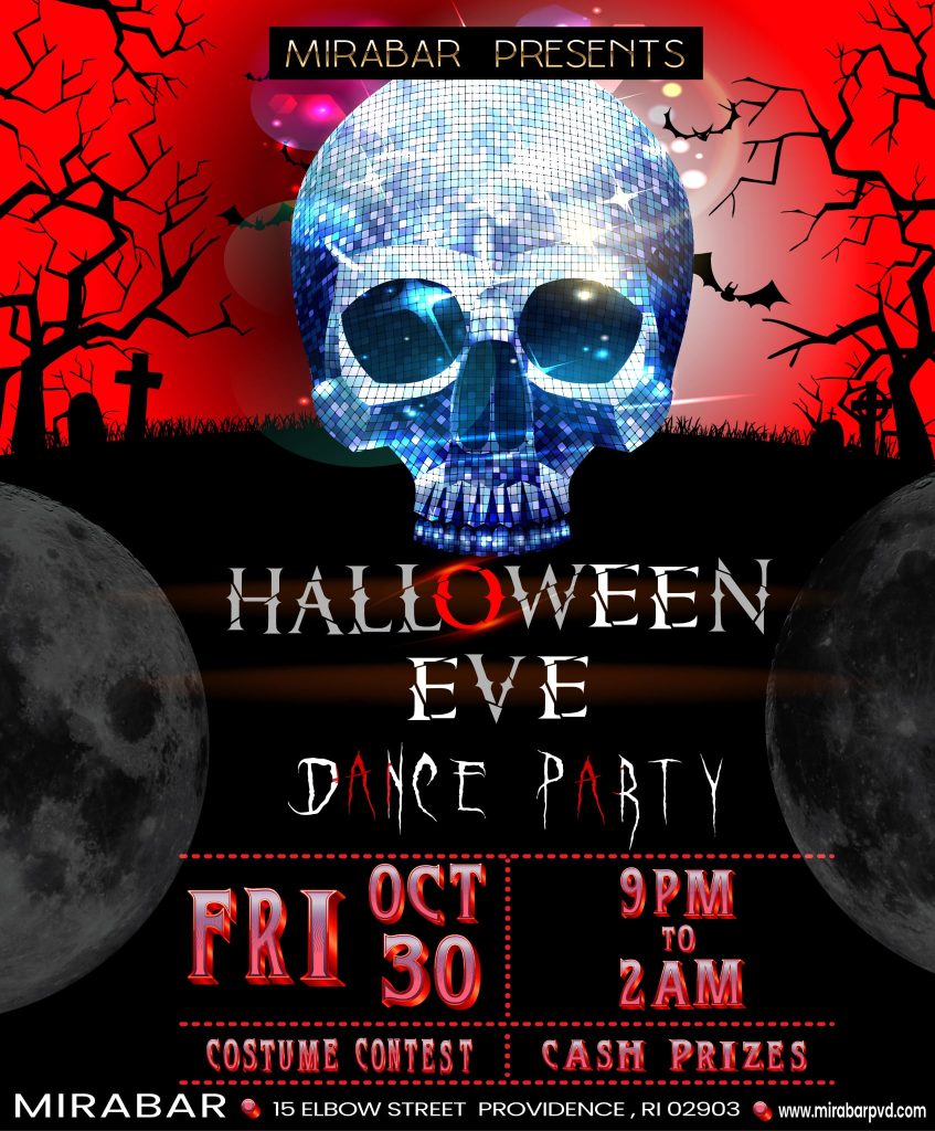 Promotional poster for Halloween Eve dance party at Mirabar, featuring a disco skull and event details.