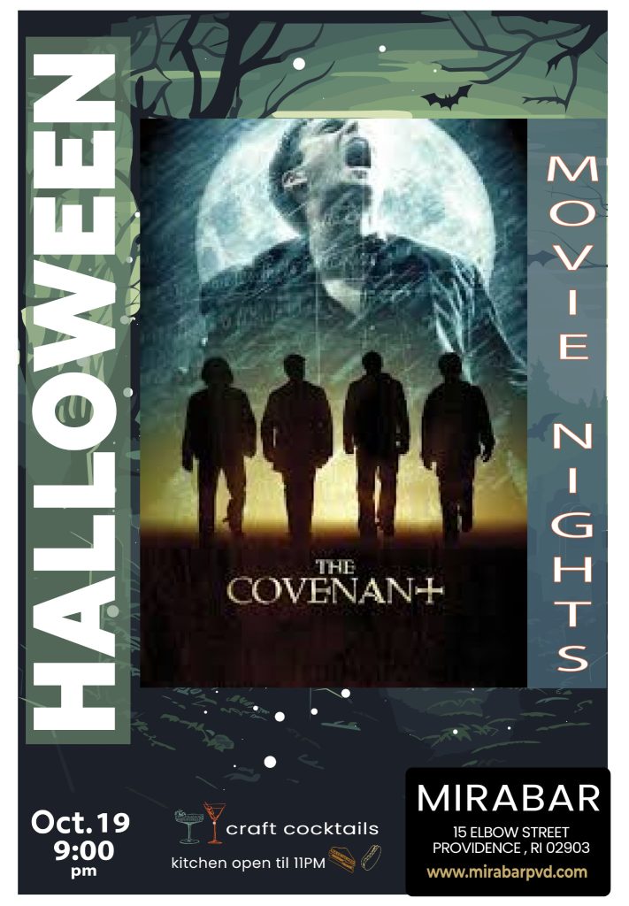 Halloween movie night poster featuring "The Covenant," with event details and a dark, spooky background.