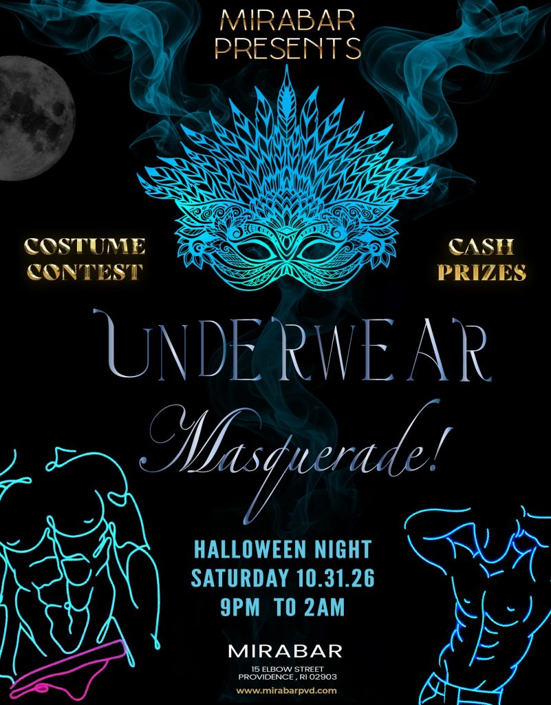 Promotional poster for Mirabar's Halloween underwear masquerade costume contest, featuring cash prizes.