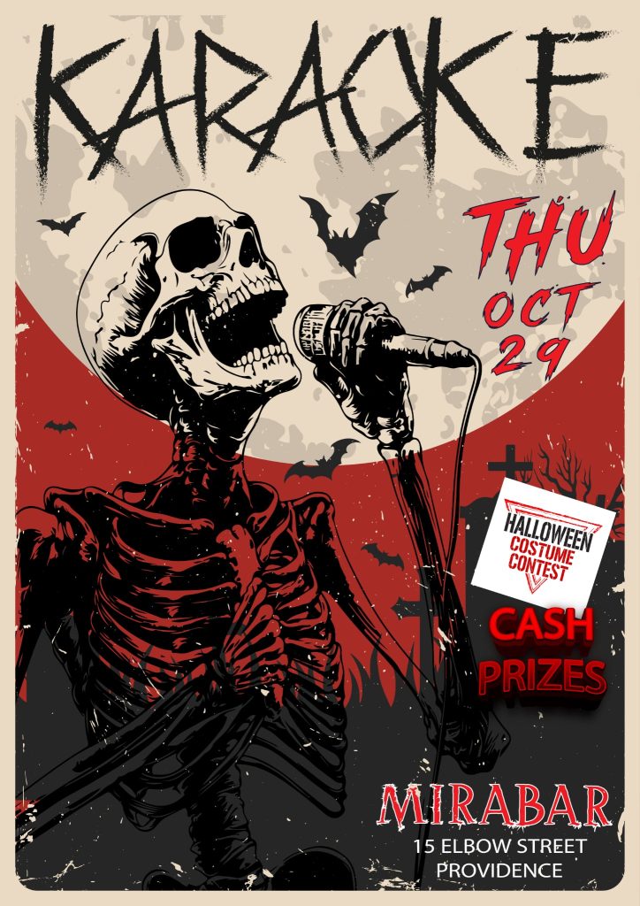 Skeleton singing into a microphone, promoting a Halloween karaoke event with cash prizes at Mirabar.