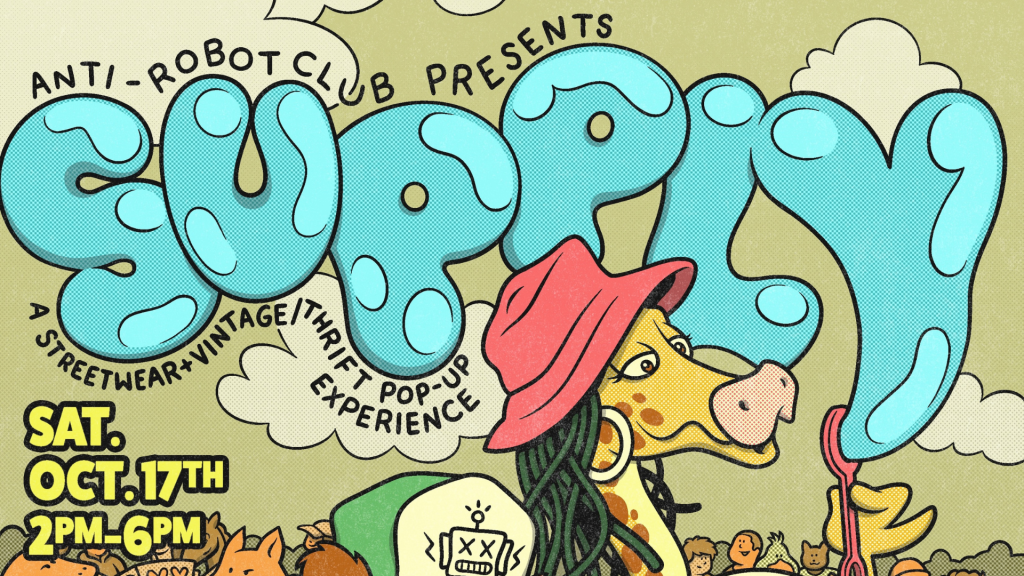 Colorful poster for a pop-up event featuring a giraffe wearing a red hat, surrounded by playful graphics and text.
