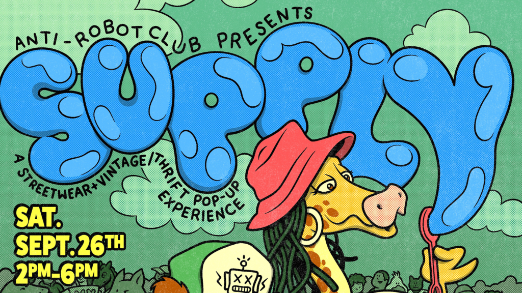 Colorful graphic promoting a thrift pop-up event featuring a cartoon giraffe wearing a red hat.