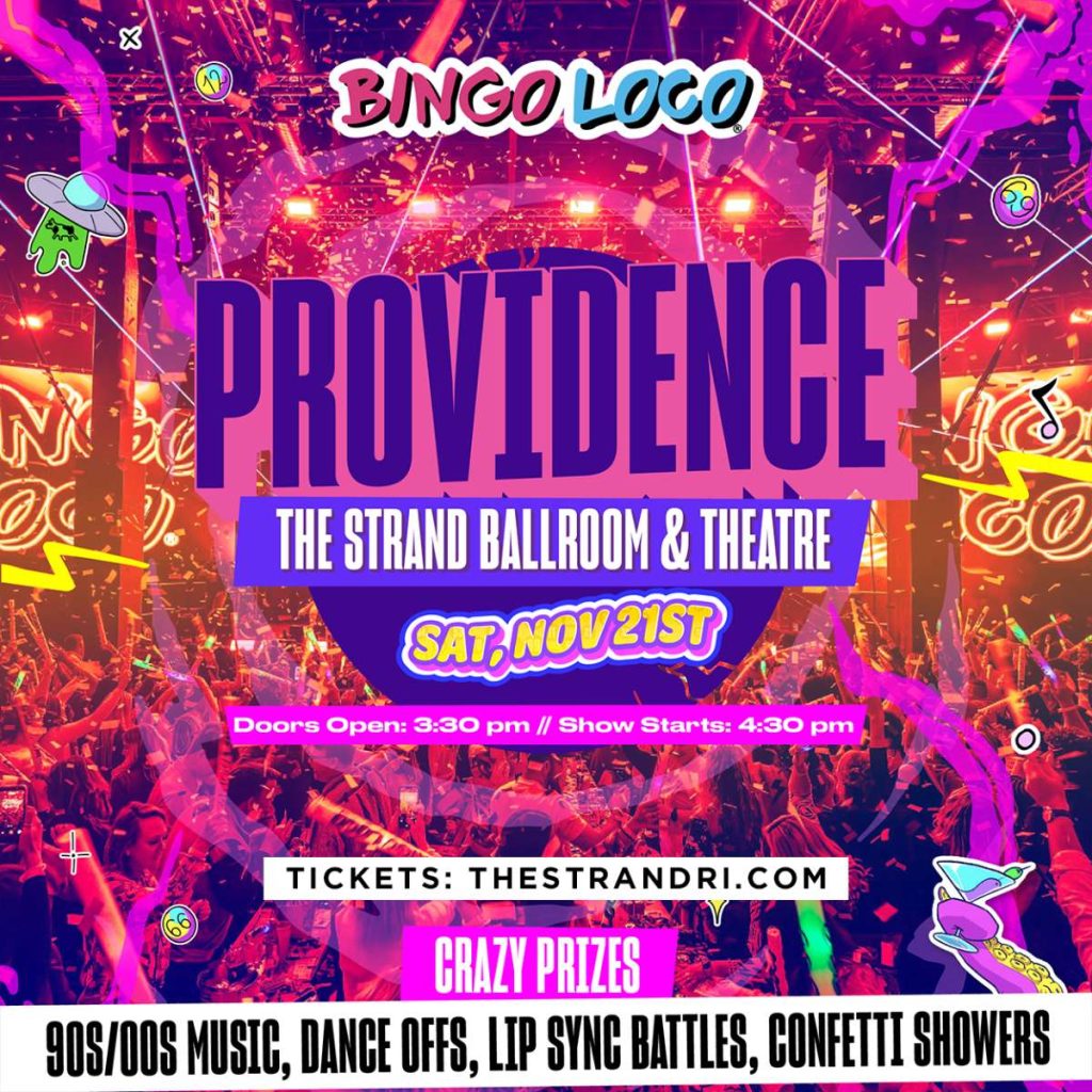 Colorful promotional graphic for Bingo Loco event in Providence, featuring vibrant crowd, music, and activities.