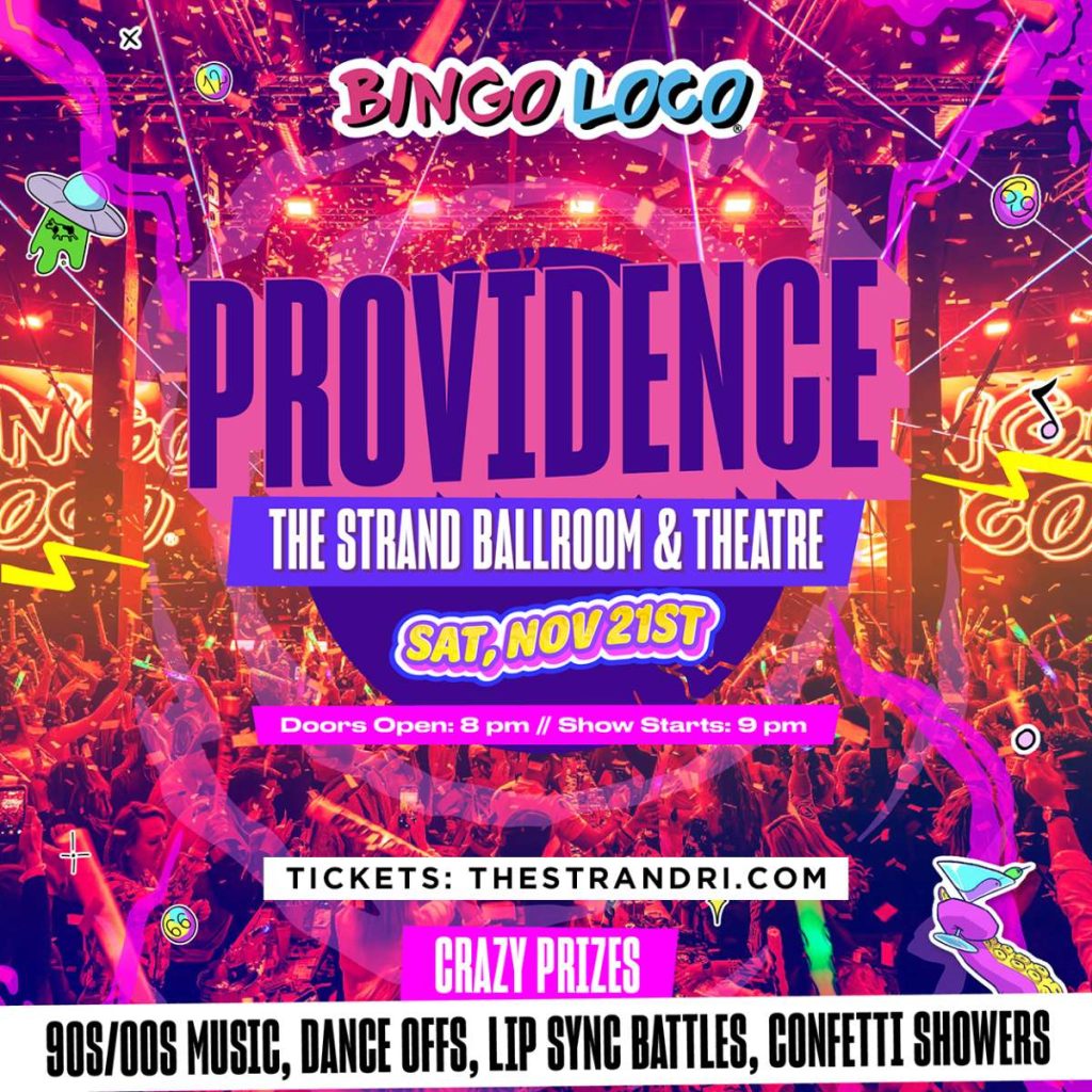Colorful promotional poster for Bingo Loco event in Providence, featuring vibrant graphics and event details.