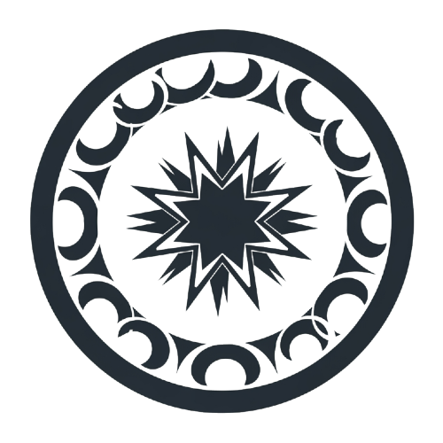 Circular stamp design featuring a central starburst surrounded by crescent shapes.